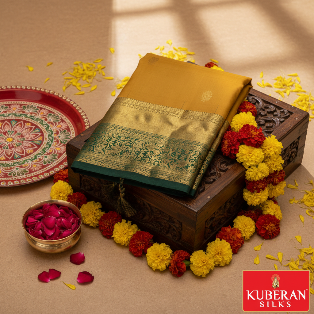 Golden yellow Kanchipuram silk saree with dark green border and gold zari peacock temple motifs