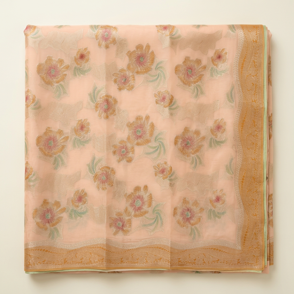 Straight overhead tightly folded peach pink floral chiffon saree with gold-toned border