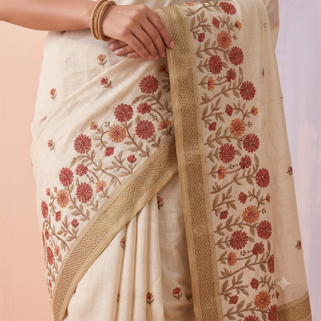 Off-white saree with red floral sprigs, a floral vine border and gold-toned edging