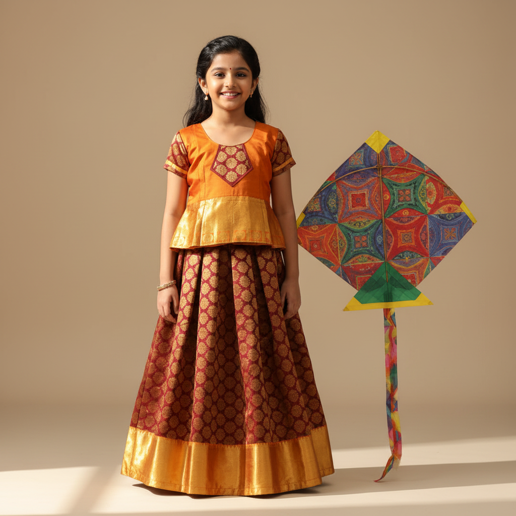 Pavada Rop Kids Readymade Pure Silk Pavada - Maroon Orange Lehenga | Kuberan Silks