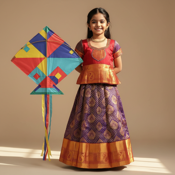 Kuberan Kids Readymade Pure Silk Pavada - Red Purple