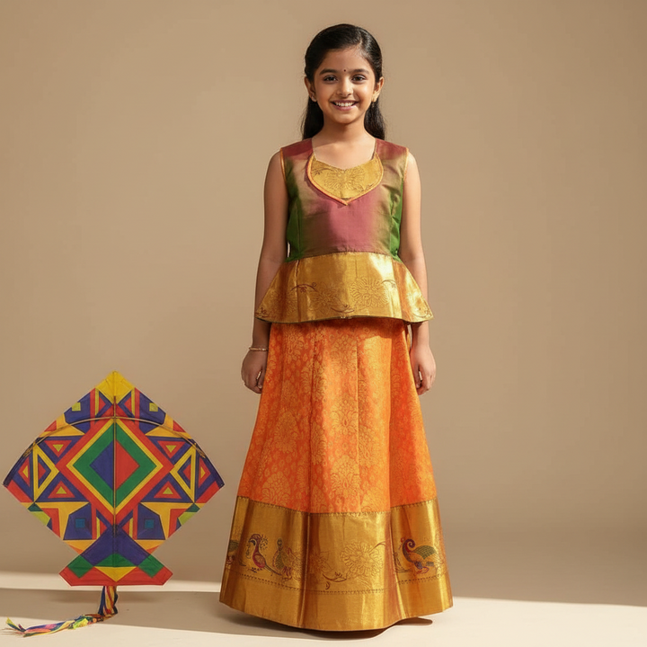 Kuberan Kids Ready  Pavada - Ombre Green Orange