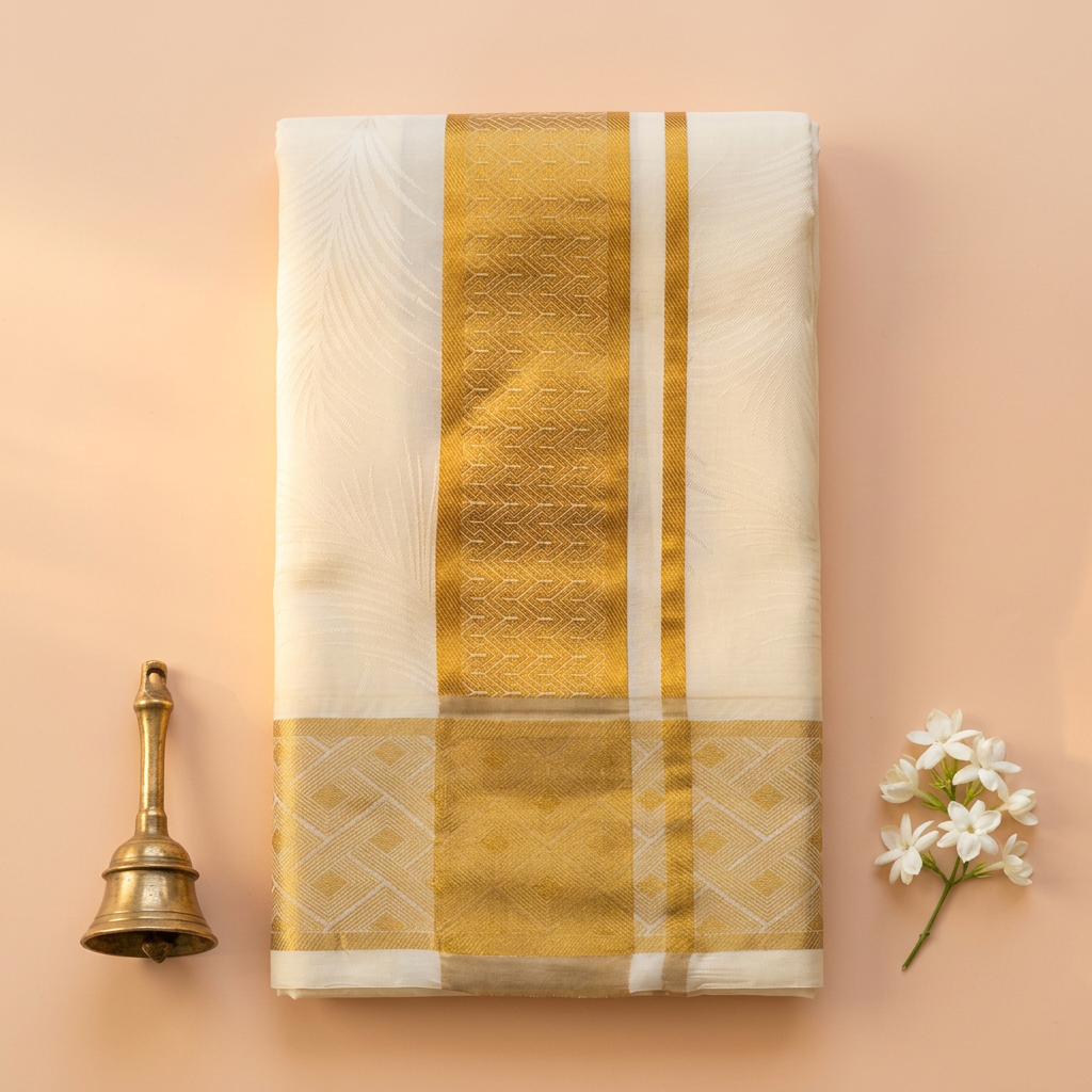 Kuberan Ivory Pure Silk Dhoti with Gold Zari Border