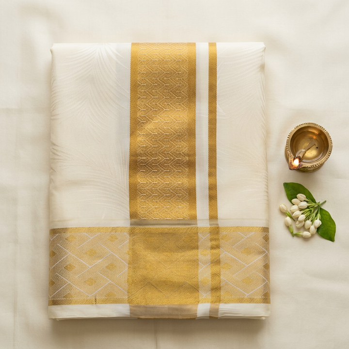 Kuberan Ivory Pure Silk Dhoti with Gold Zari Border