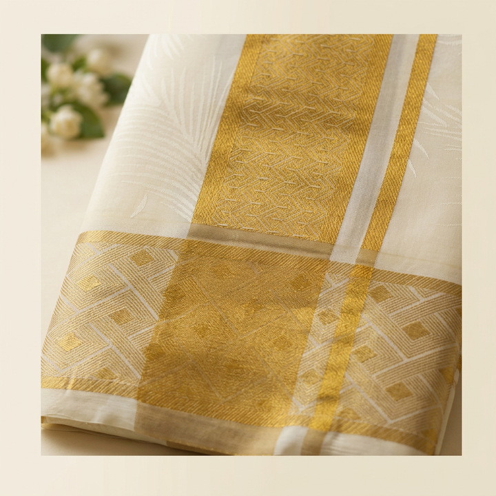 Kuberan Ivory Pure Silk Dhoti with Gold Zari Border