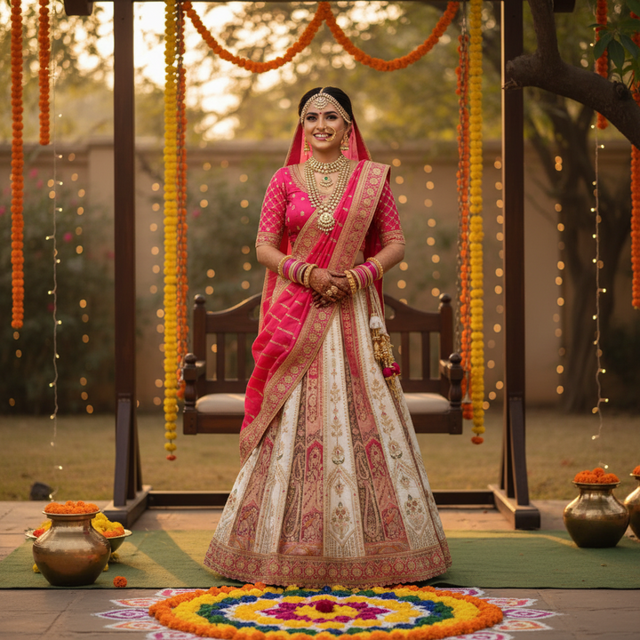 Kuberan Ivory Banarasi Silk Lehenga with Gold Zari Temple Motif Semi Stitched