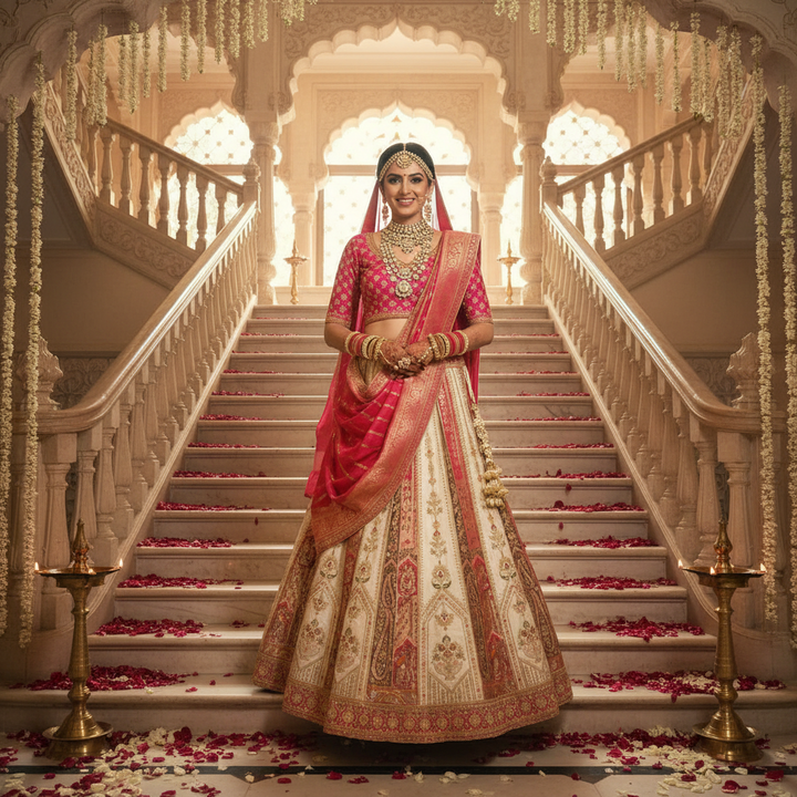 Kuberan Ivory Banarasi Silk Lehenga with Gold Zari Temple Motif Semi Stitched