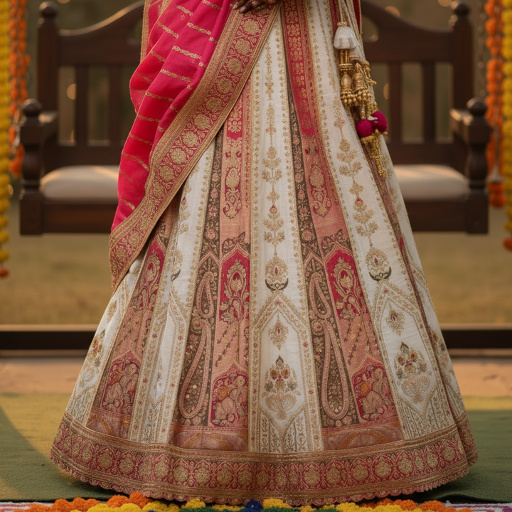 Kuberan Ivory Banarasi Silk Lehenga with Gold Zari Temple Motif Semi Stitched