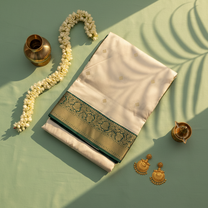 kuberan pure Silk 9 Yards Saree - Ivory with Forest Green Zari Border