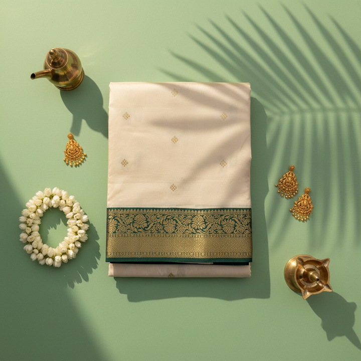 kuberan pure Silk 9 Yards Saree - Ivory with Forest Green Zari Border