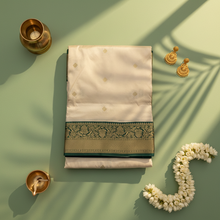 kuberan pure Silk 9 Yards Saree - Ivory with Forest Green Zari Border