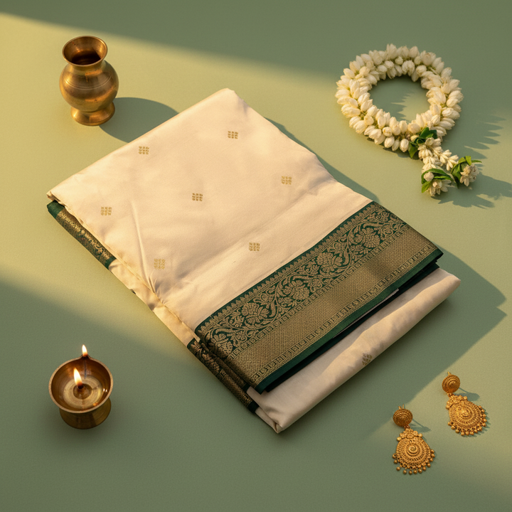 kuberan pure Silk 9 Yards Saree - Ivory with Forest Green Zari Border