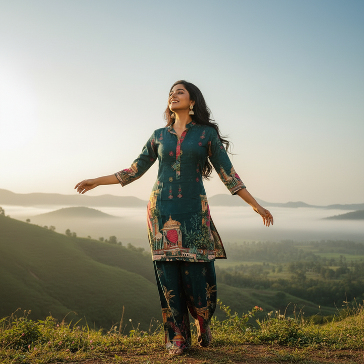 Kuberan Teal Digital Print Kurta & Palazzo Co-ord Set