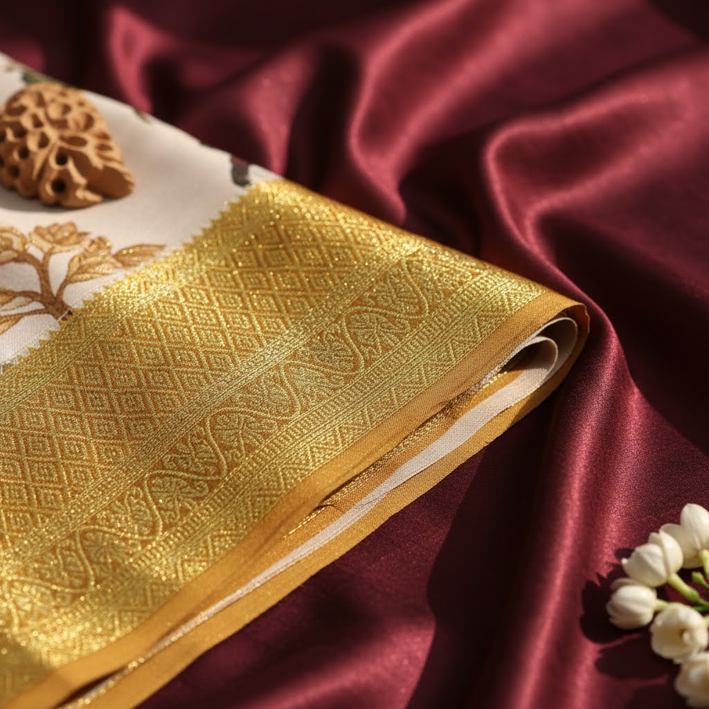 kuberan cream Kalamkari Horse Motif Mysore Silk Saree