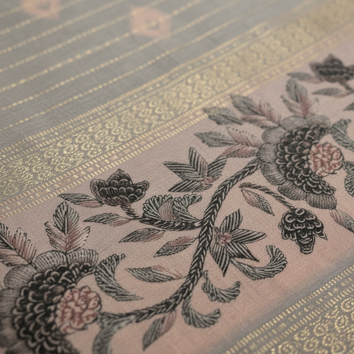 KUBERAN GREY PRINTED COTTON SAREE