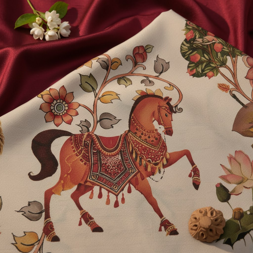 kuberan cream Kalamkari Horse Motif Mysore Silk Saree