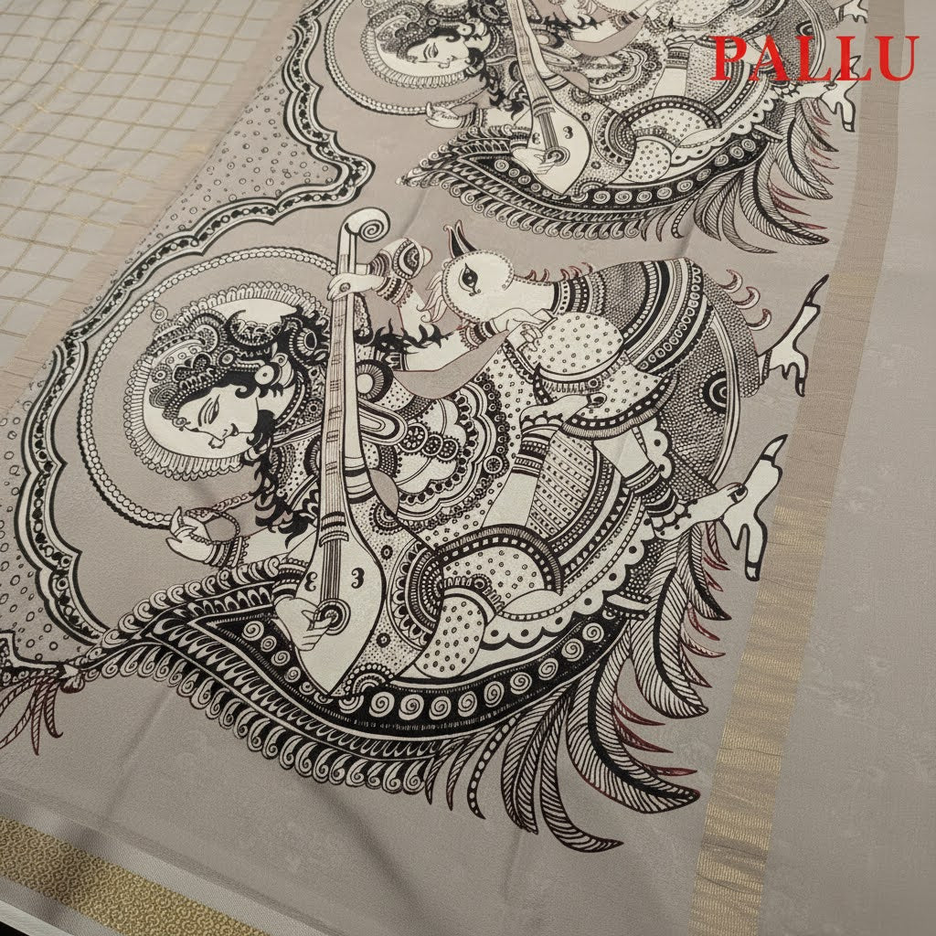 Kuberan Grey Checkered Mysore Silk Saree with Kalamkari Pallu