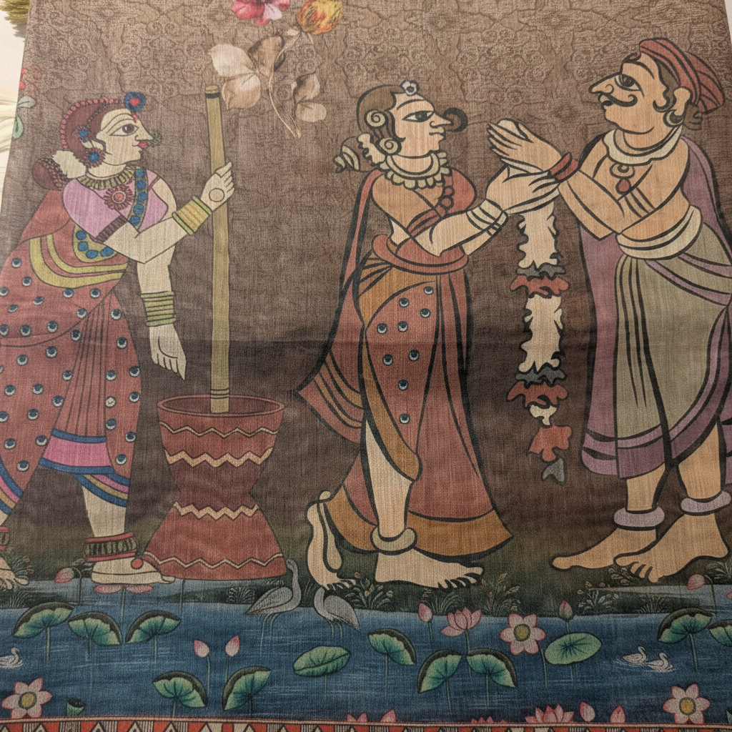 KUBERAN LIGHT BROWN PRINTED COTTON SAREE