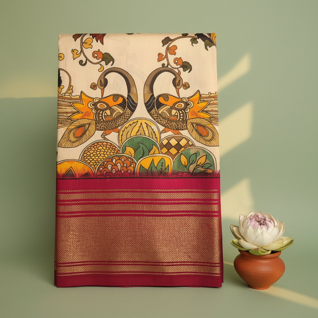 KUBERAN CREAM WITH PINK POCHAMPALLY SILK SAREE