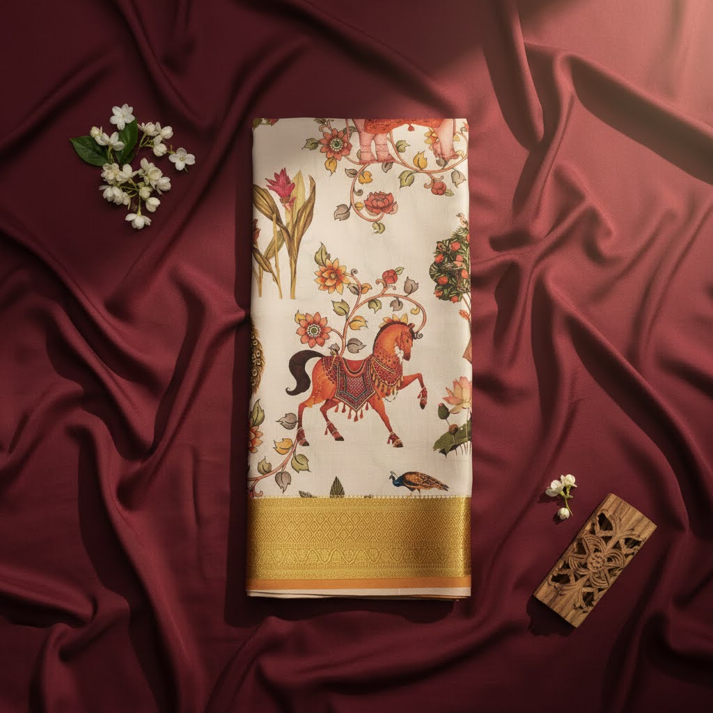 kuberan cream Kalamkari Horse Motif Mysore Silk Saree