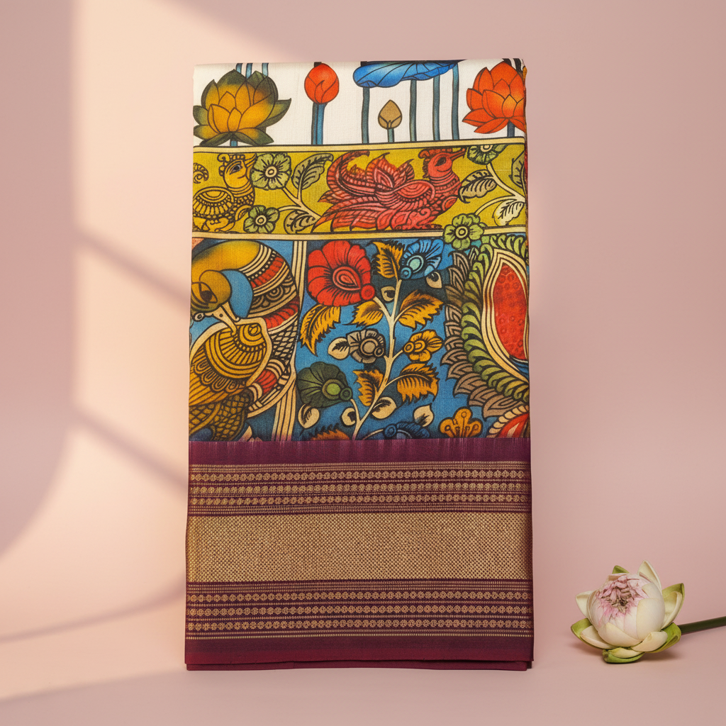 KUBERAN CREAM WITH PURPLE POCHAMPALLY SILK SAREE