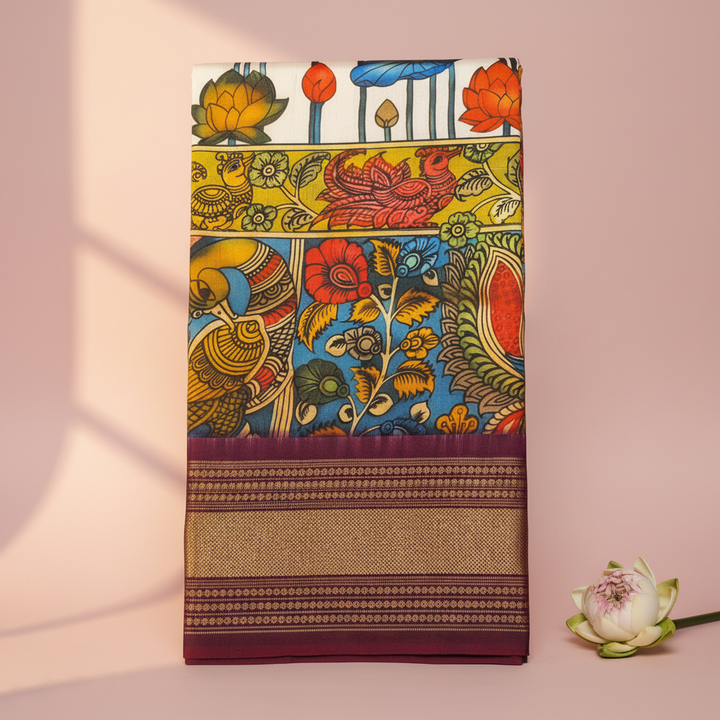 KUBERAN CREAM WITH PURPLE POCHAMPALLY SILK SAREE