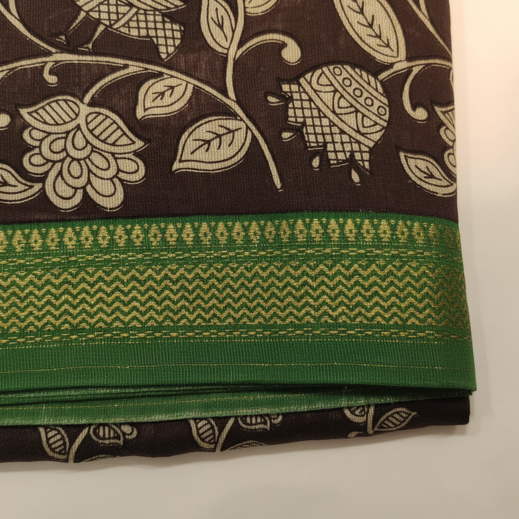 Kuberan Dark Brown with Green Zari Border Kalamkari Print Saree