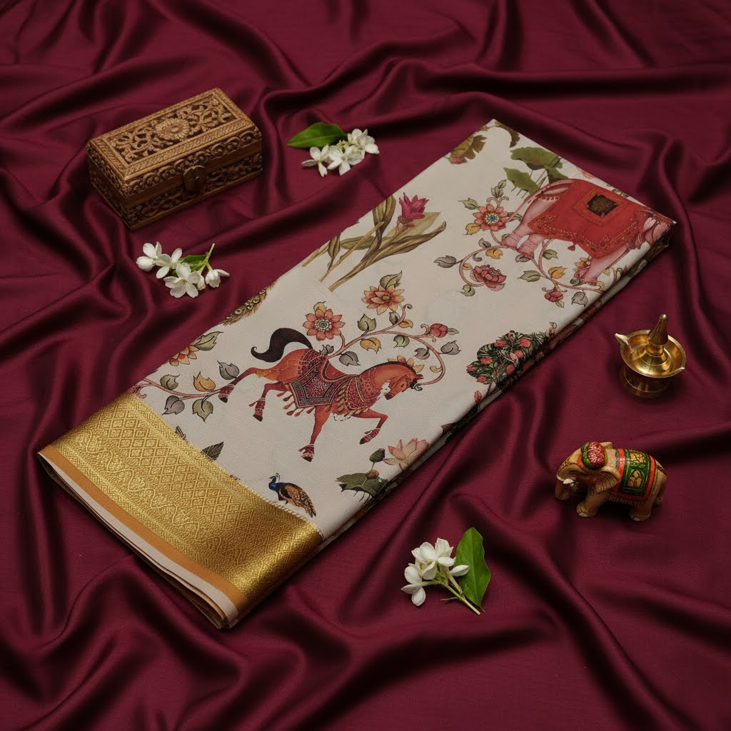 kuberan cream Kalamkari Horse Motif Mysore Silk Saree