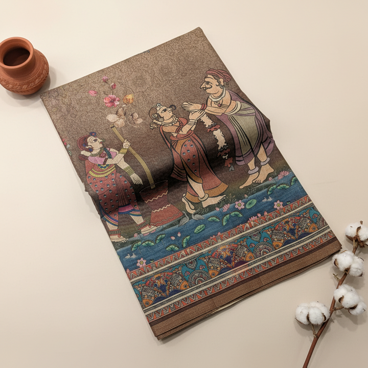 KUBERAN LIGHT BROWN PRINTED COTTON SAREE