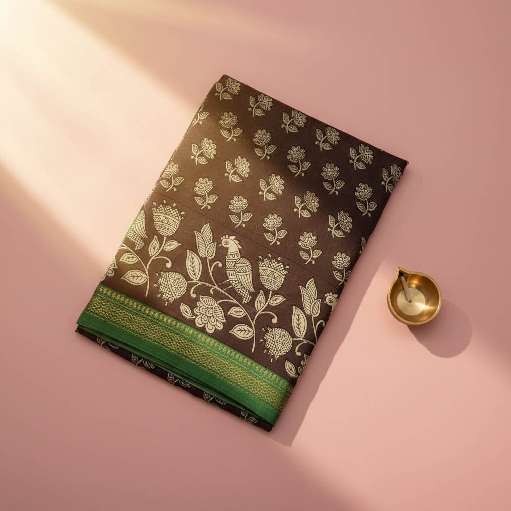 Kuberan Dark Brown with Green Zari Border Kalamkari Print Saree