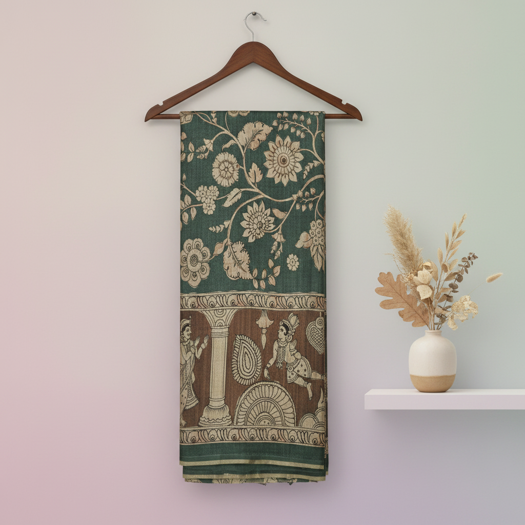 KUBERAN DARK GREEN PRINTED RAW SILK SAREE