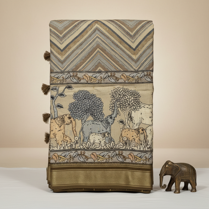 KUBERAN BEIGE MAL COTTON PRINTED SAREE