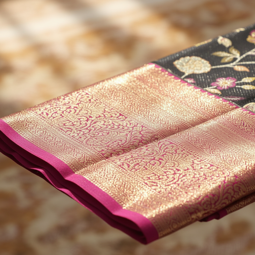 kuberan Black Floral Vine Garden with Rose Pink Kanchipuram Silk Saree