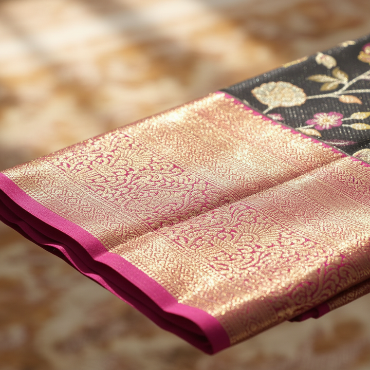 kuberan Black Floral Vine Garden with Rose Pink Kanchipuram Silk Saree