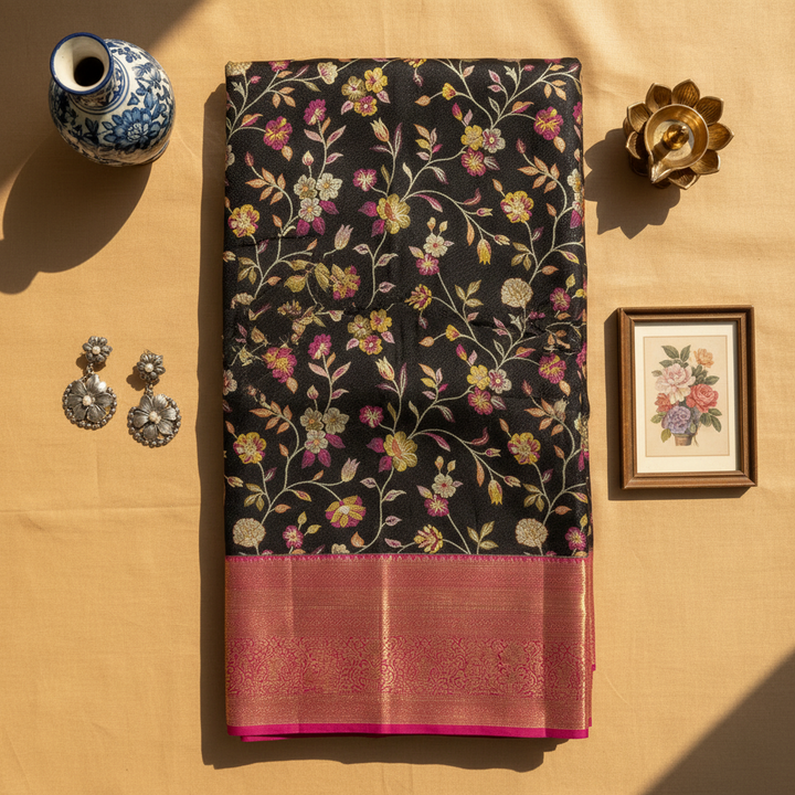 kuberan Black Floral Vine Garden with Rose Pink Kanchipuram Silk Saree