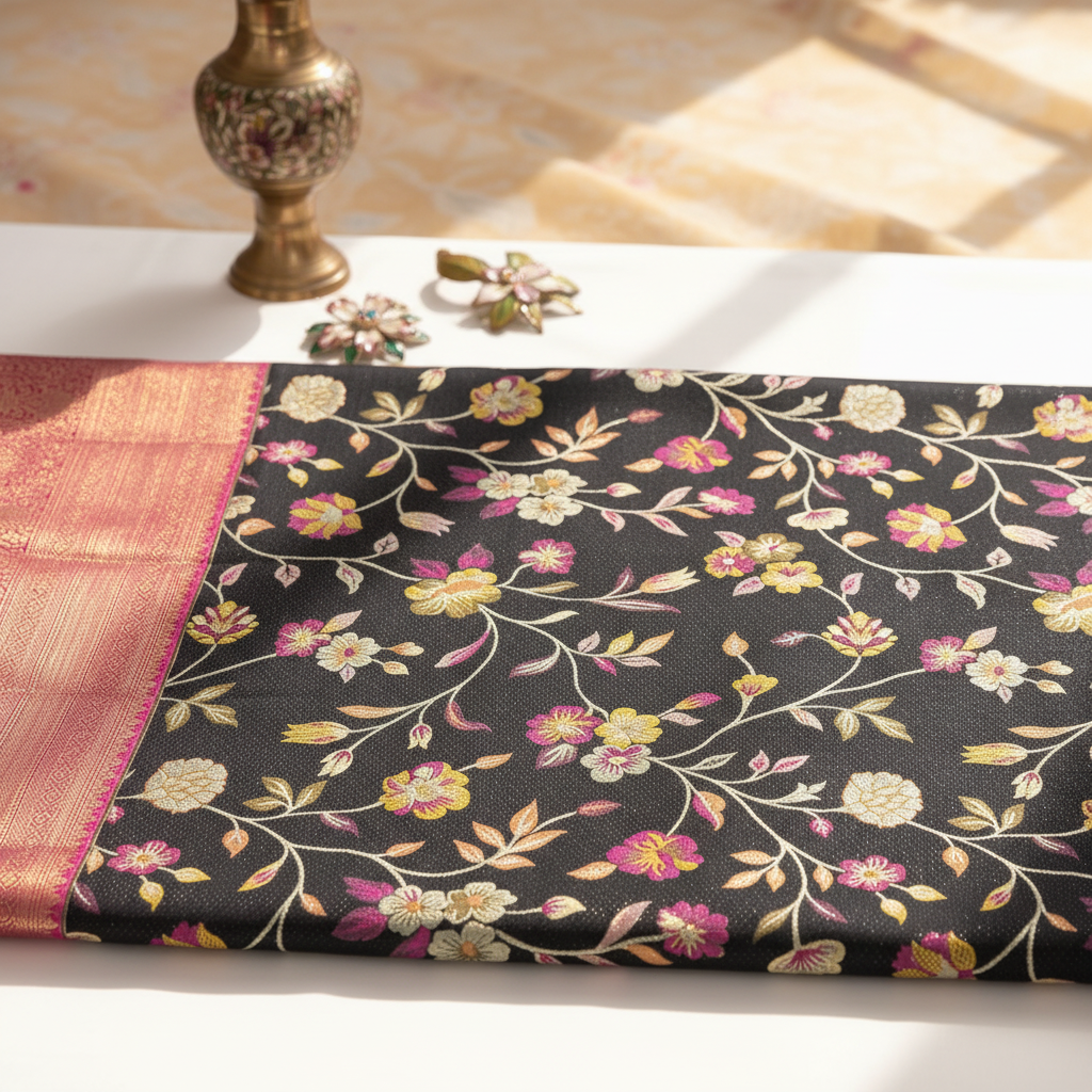 kuberan Black Floral Vine Garden with Rose Pink Kanchipuram Silk Saree