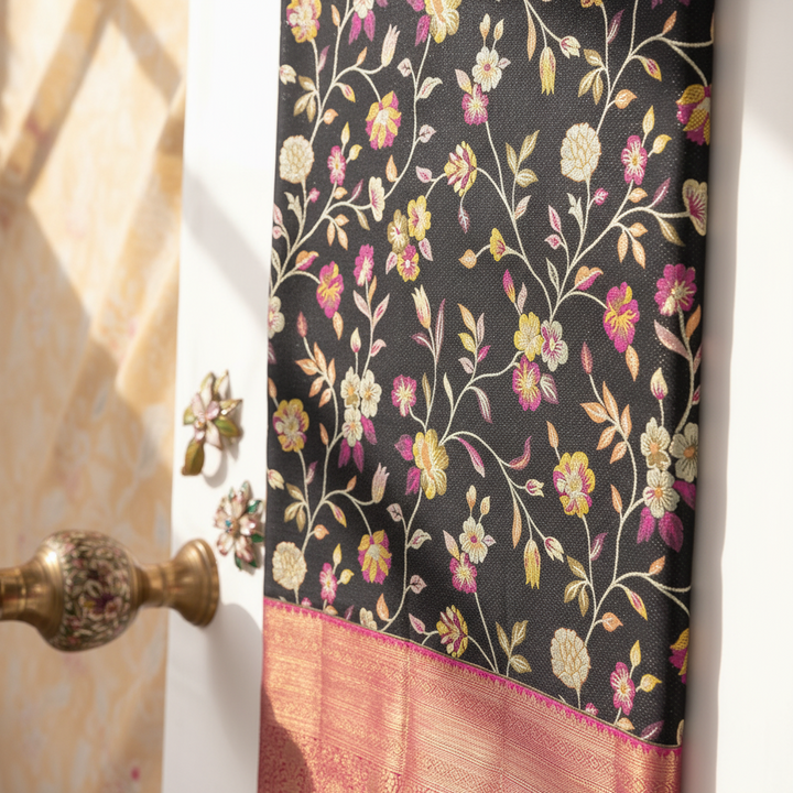 kuberan Black Floral Vine Garden with Rose Pink Kanchipuram Silk Saree