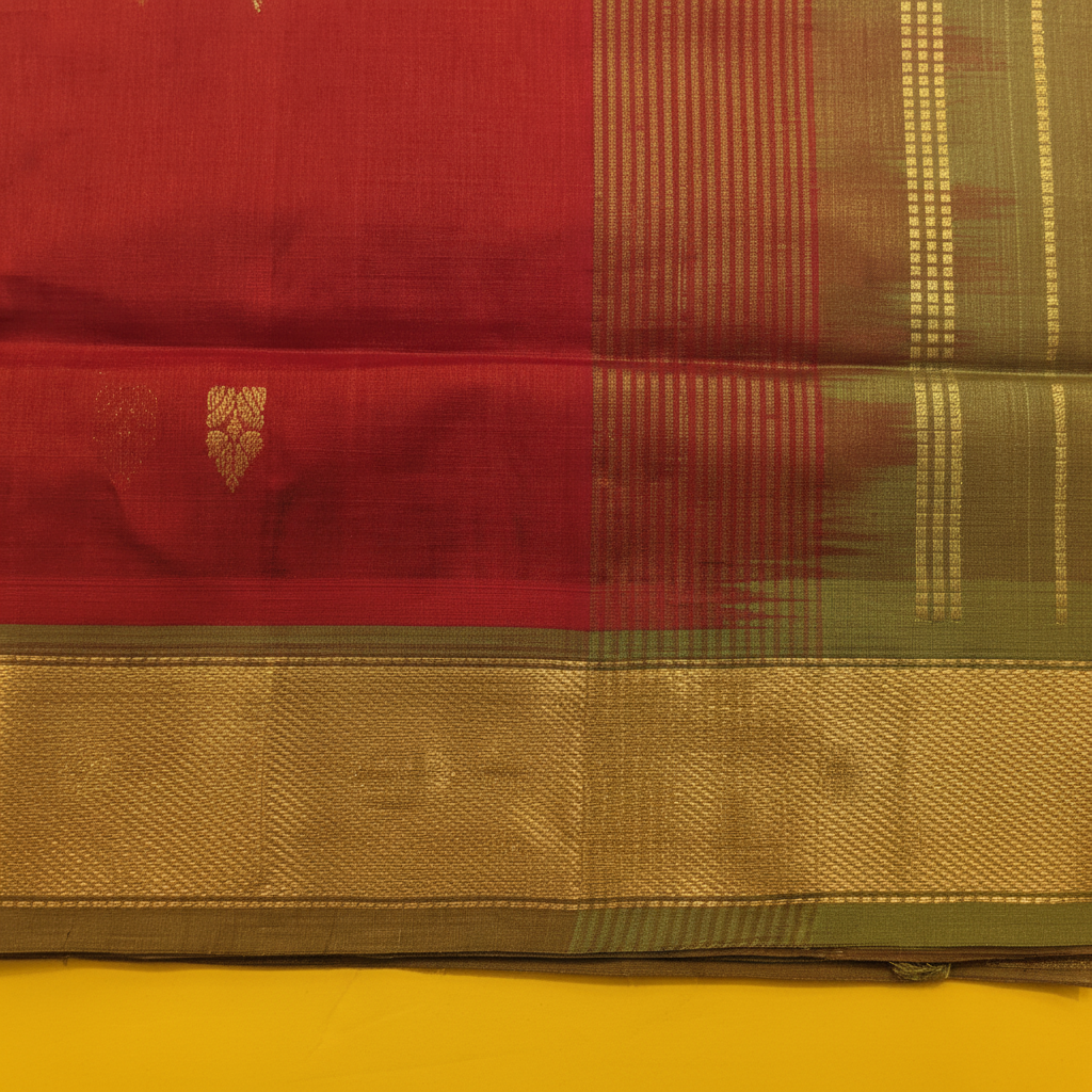 Kuberan Crimson Red Cotton Silk Saree with Gold Butta & Olive Gold Zari Border