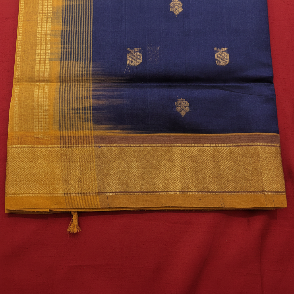 Kuberan Navy Blue Cotton Silk Saree with Gold Butta & Broad Mustard Zari Border