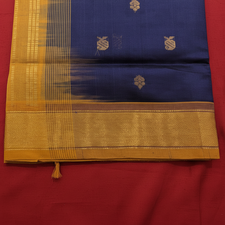 Kuberan Navy Blue Cotton Silk Saree with Gold Butta & Broad Mustard Zari Border