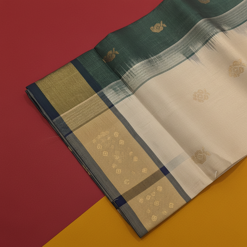 Kuberan Off-White Cotton Silk Saree with Gold Butta & Ikat Border
