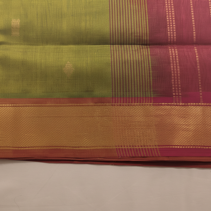 Kuberan Olive Green & Pink Cotton Silk Saree with Gold Butta & Zari Border