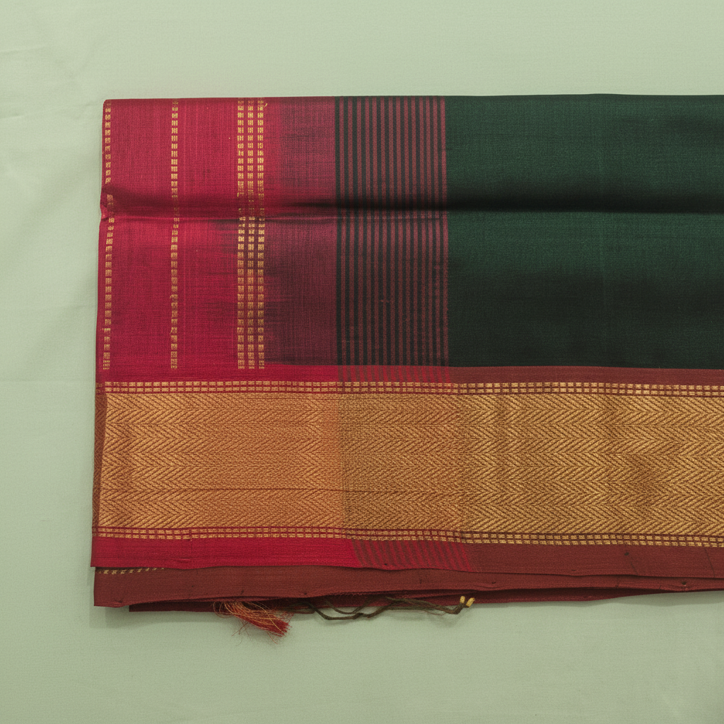 Kuberan Deep Green & Pink Cotton Silk Saree with Gold Zari Border