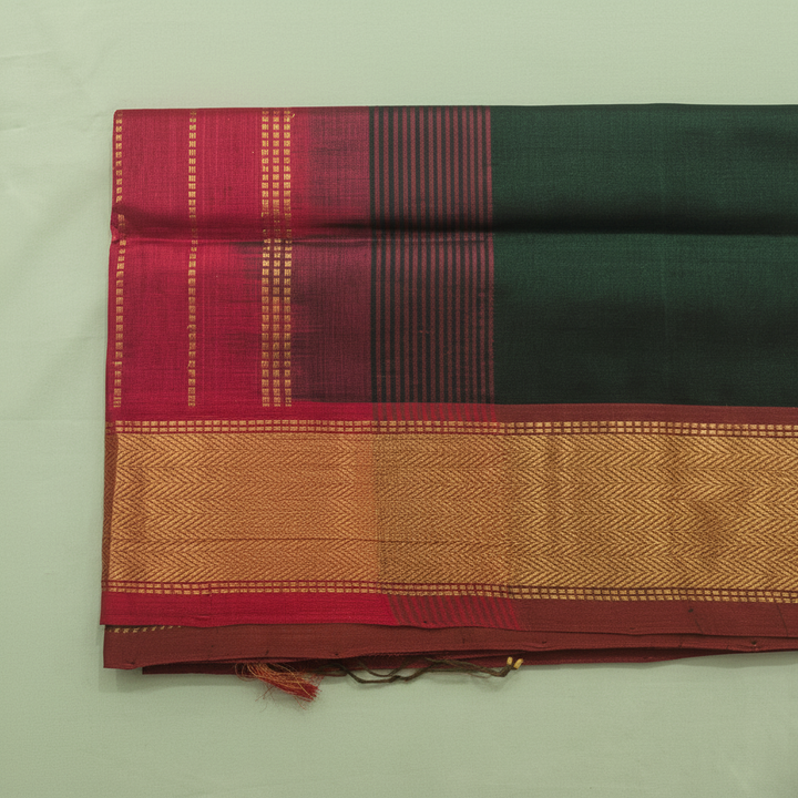 Kuberan Deep Green & Pink Cotton Silk Saree with Gold Zari Border