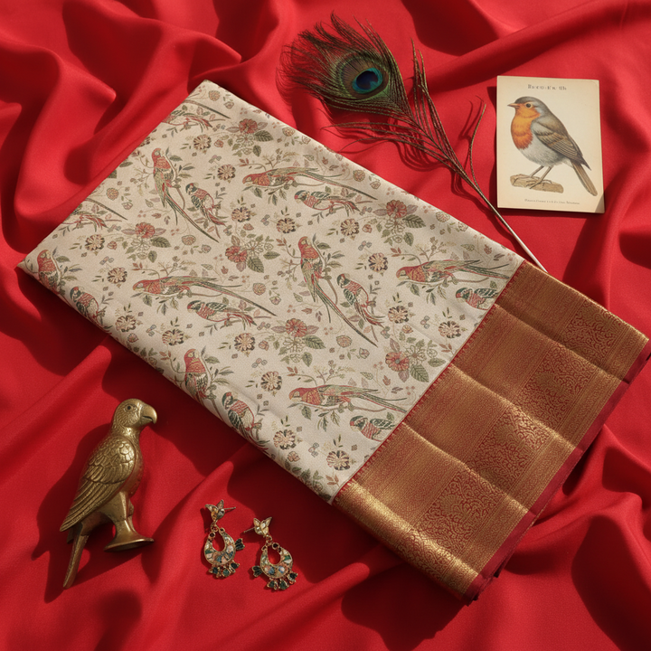 KUBERAN Cream Kanchipuram Silk Saree