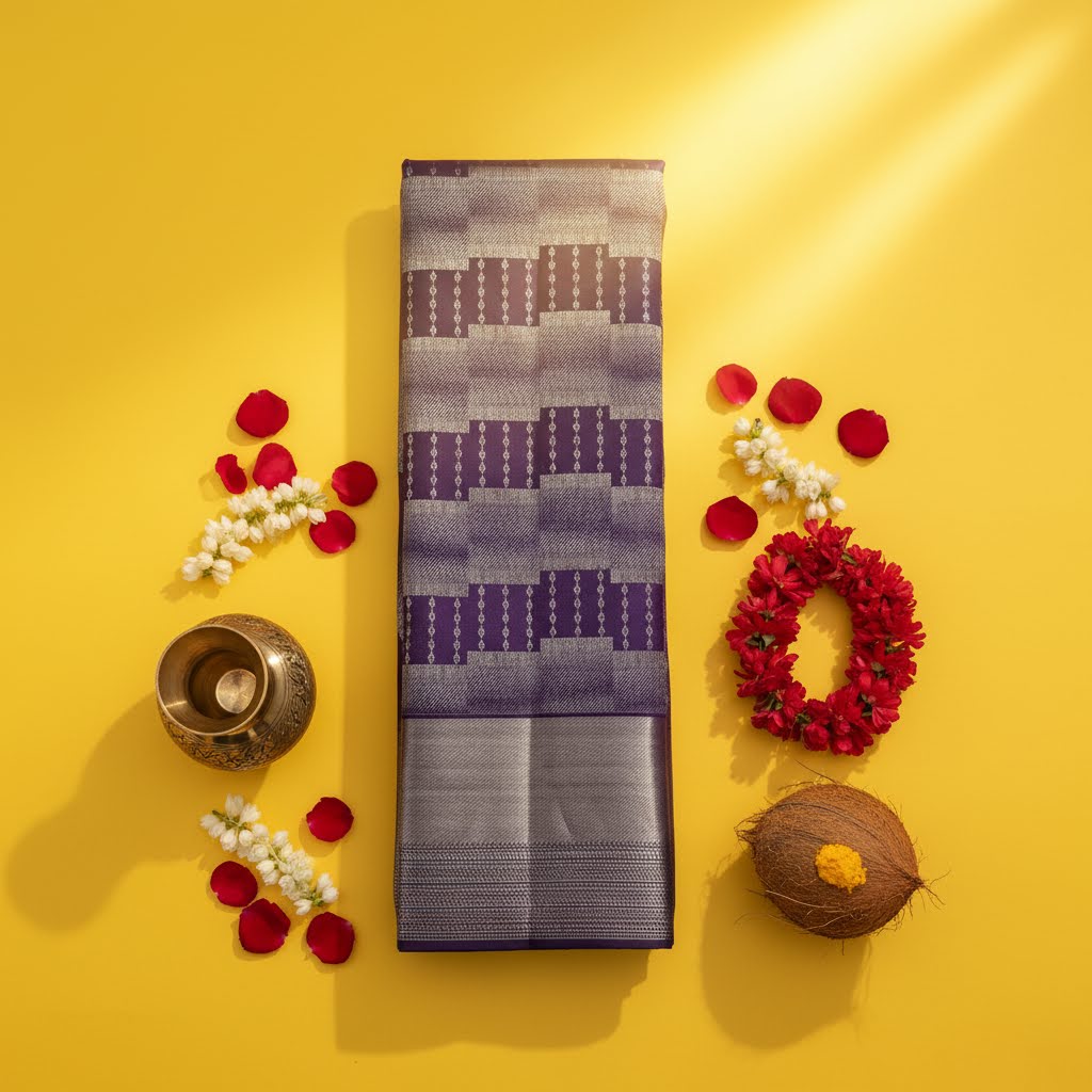 Kuberan Violet Kanchipuram Silk Saree with Silver Zari Temple Step & Stripe Weave