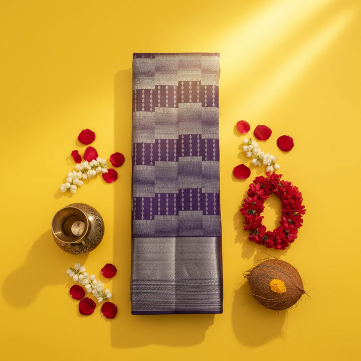Kuberan Violet Kanchipuram Silk Saree with Silver Zari Temple Step & Stripe Weave