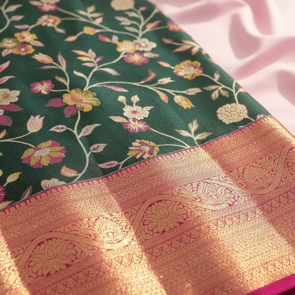 kuberan Dark Green Floral Garden with Rose Pink Kanchipuram Silk Saree