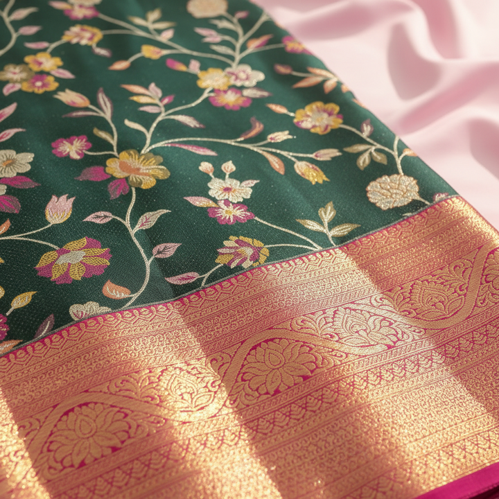 kuberan Dark Green Floral Garden with Rose Pink Kanchipuram Silk Saree