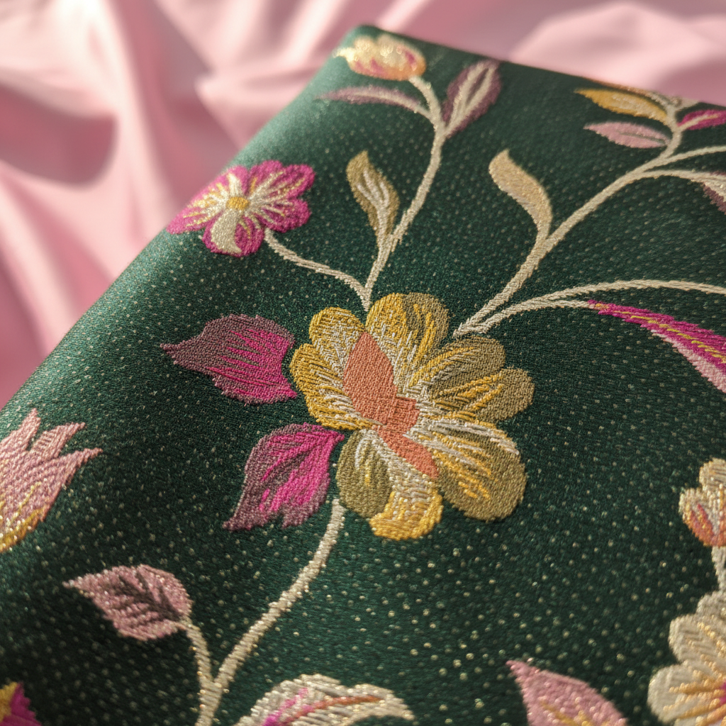 kuberan Dark Green Floral Garden with Rose Pink Kanchipuram Silk Saree